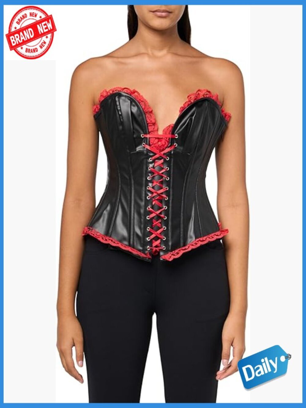 Steel Boned Faux Leather Corset with Lace Trim